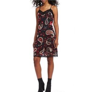 Skies are Blue Burnout Black Lace Trim Paisley Goth Vamp Whimsical Slip Dress S